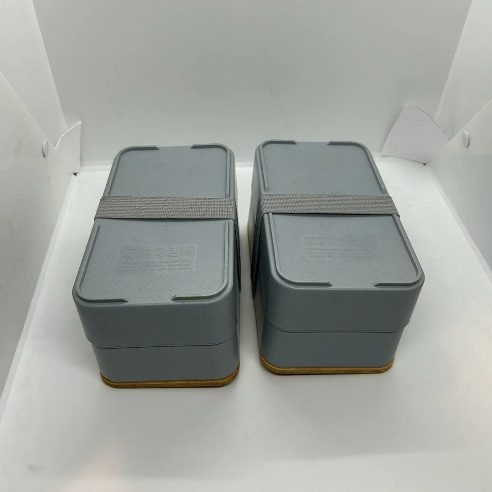 Bamboo and Gray Bento Japanese Wood Bento Lunch Boxes 2 Layer. Set of two